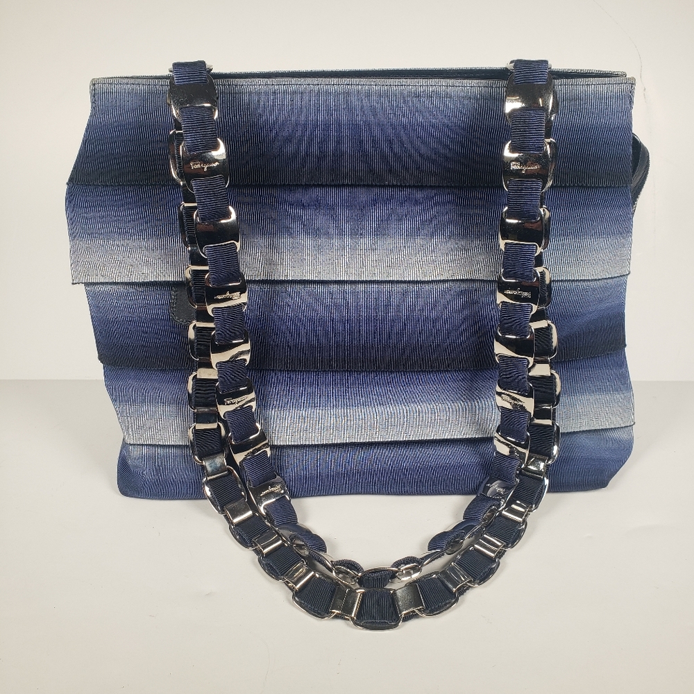 Salvatore Ferragamo Blue Fabric Silver Linked Straps Tote